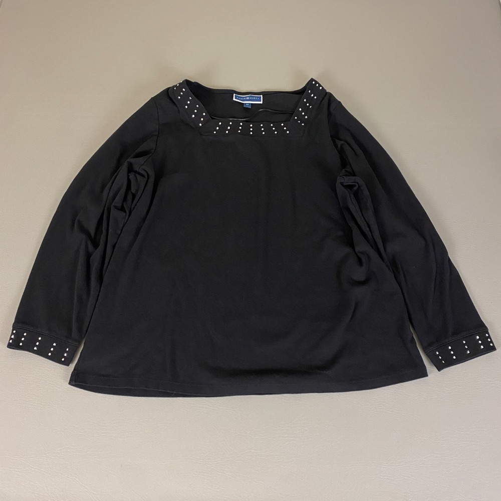 Karen Scott Blouse Top Women's 3X Black Embellished‎ Square Neck Long Sleeve